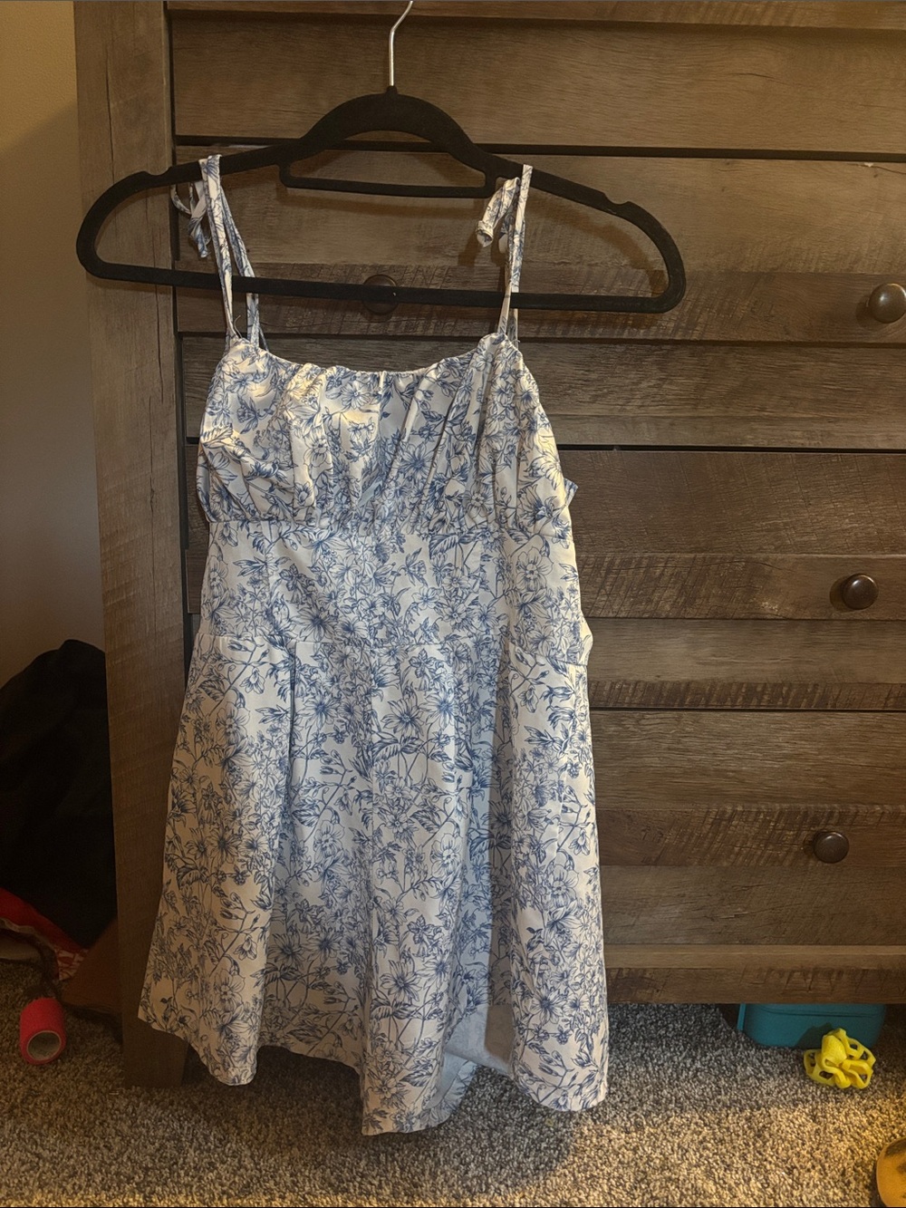 aerie White Dress with Blue Floral Print and Tie Straps